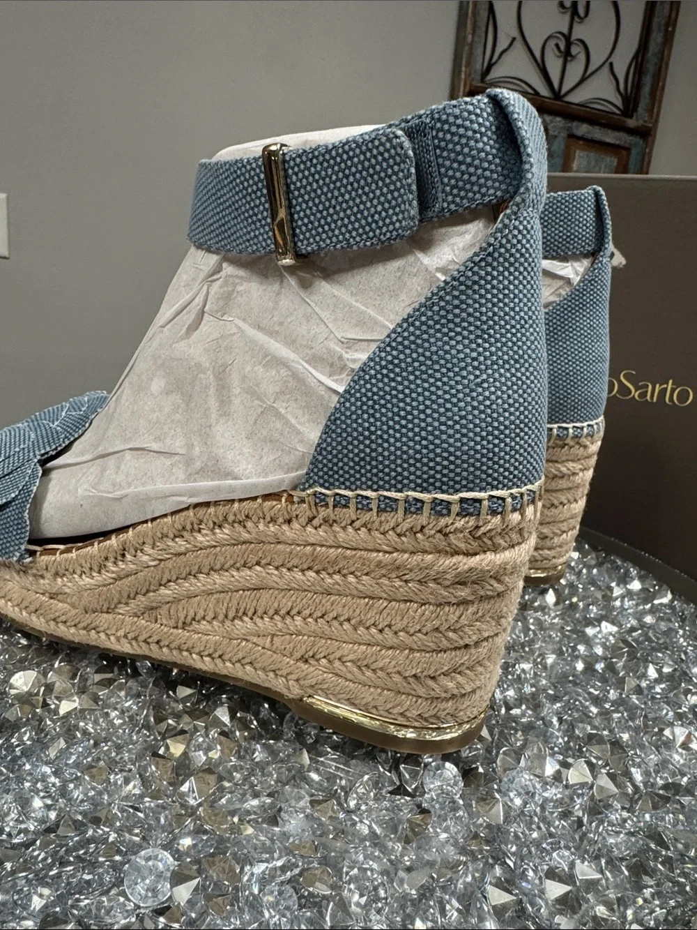 Franco Sarto clemens denim Blue Espadrille Wedge Sandals with Floral Toe NEW 9
